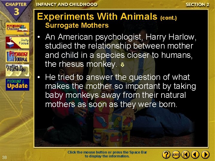 Experiments With Animals (cont. ) Surrogate Mothers • An American psychologist, Harry Harlow, studied