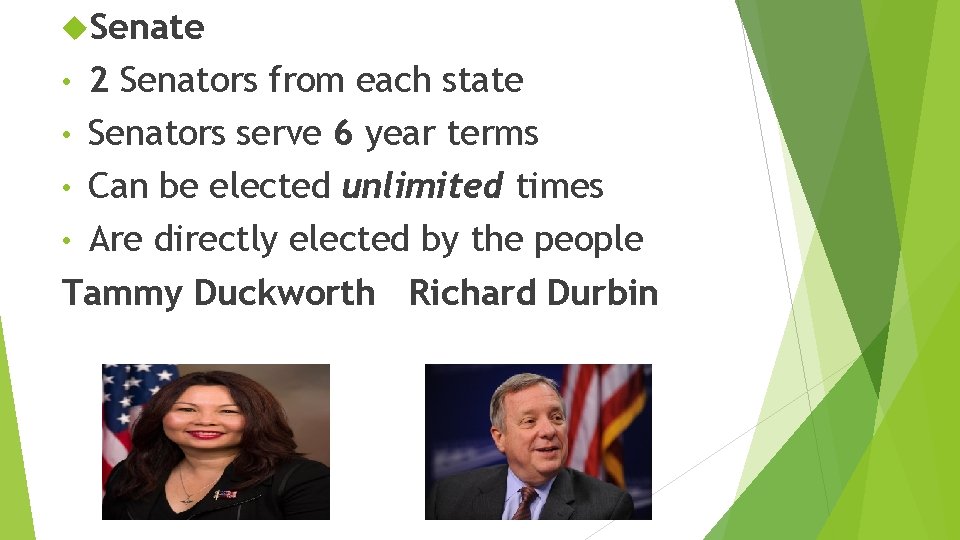  Senate 2 Senators from each state • Senators serve 6 year terms •