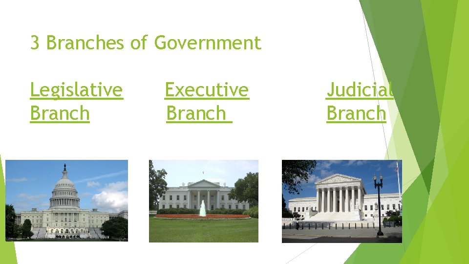 3 Branches of Government Legislative Branch Executive Branch Judicial Branch 