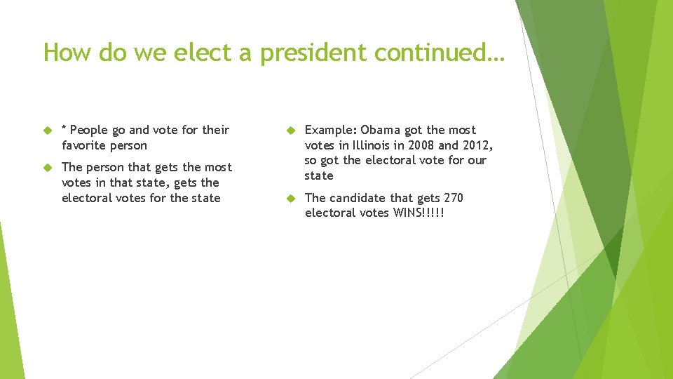 How do we elect a president continued… * People go and vote for their