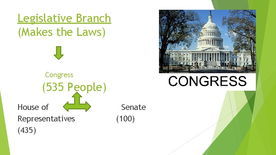 Legislative Branch (Makes the Laws) Congress (535 People) House of Representatives (435) Senate (100)