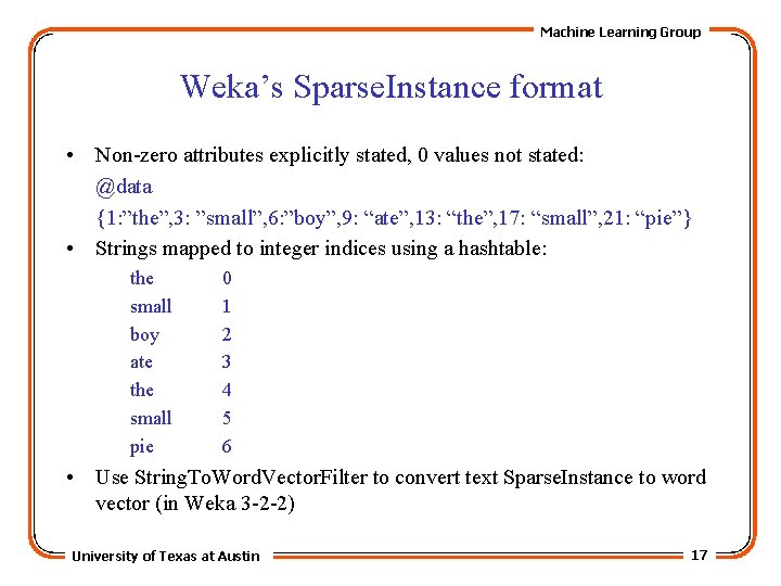 Machine Learning Group Weka’s Sparse. Instance format • Non-zero attributes explicitly stated, 0 values