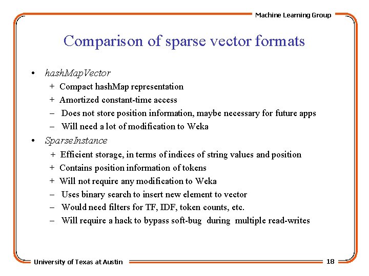 Machine Learning Group Comparison of sparse vector formats • hash. Map. Vector + +