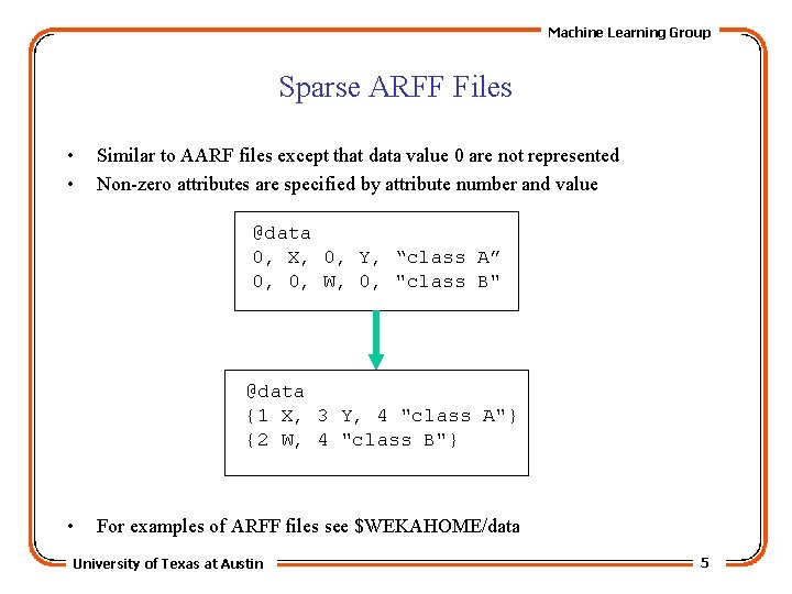 Machine Learning Group Sparse ARFF Files • • Similar to AARF files except that