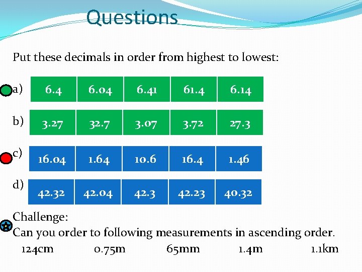Questions Put these decimals in order from highest to lowest: a) 6. 4 6.