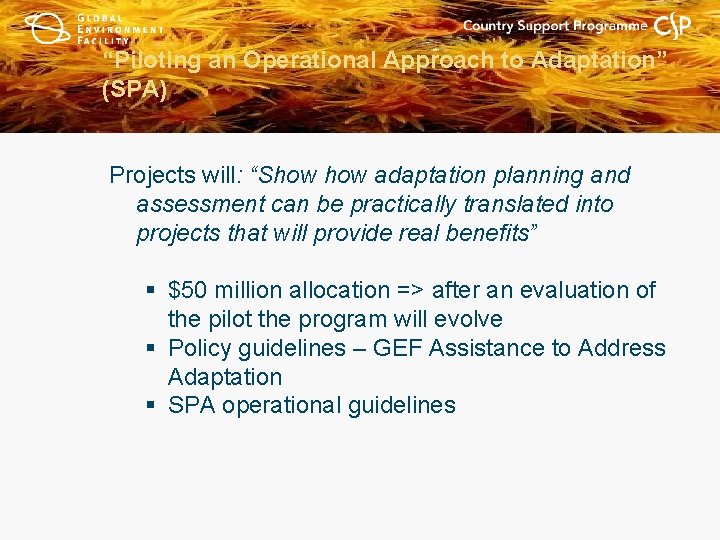 “Piloting an Operational Approach to Adaptation” (SPA) Projects will: “Show adaptation planning and assessment