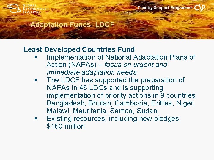 Adaptation Funds: LDCF Least Developed Countries Fund § Implementation of National Adaptation Plans of