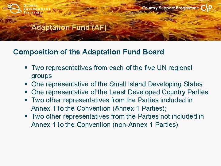 Adaptation Fund (AF) Composition of the Adaptation Fund Board § Two representatives from each