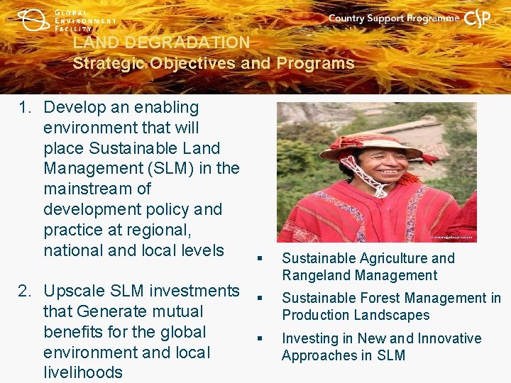 LAND DEGRADATION Strategic Objectives and Programs 1. Develop an enabling environment that will place