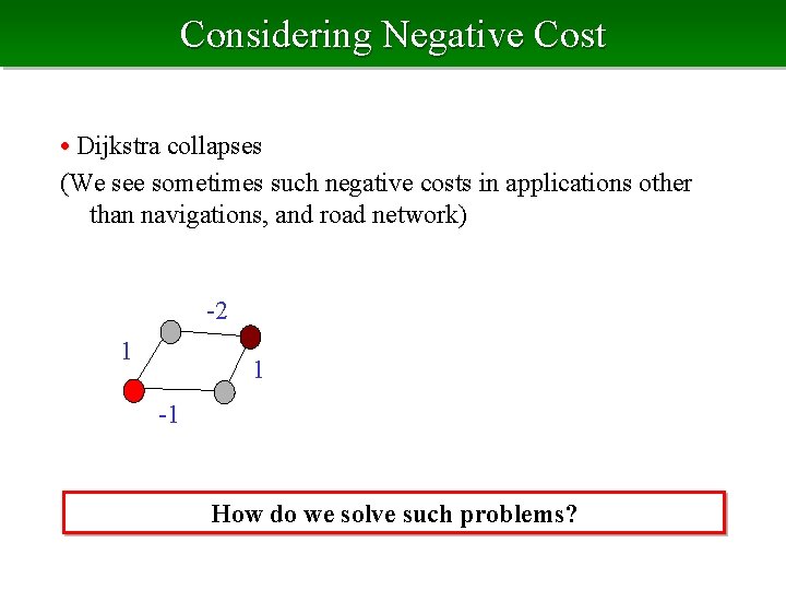 Considering Negative Cost • Dijkstra collapses (We see sometimes such negative costs in applications