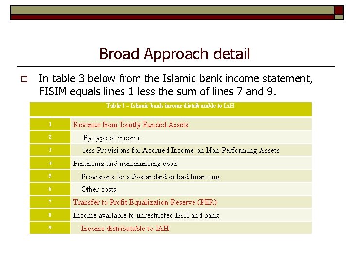 Broad Approach detail o In table 3 below from the Islamic bank income statement,