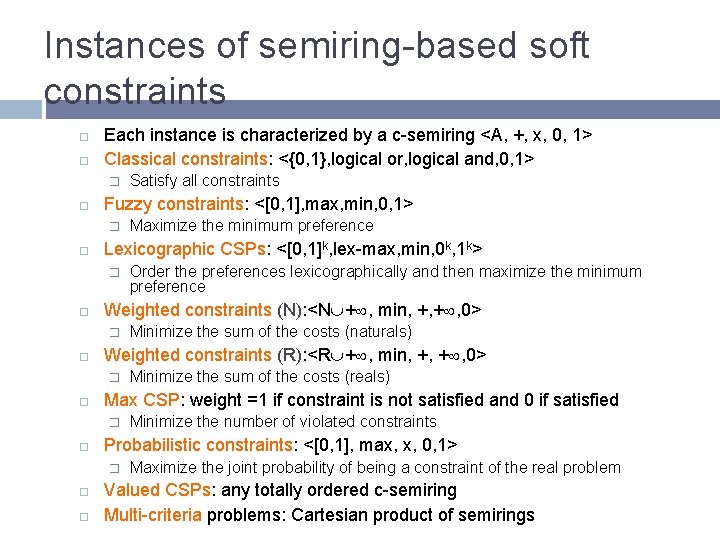 Instances of semiring-based soft constraints Each instance is characterized by a c-semiring <A, +,