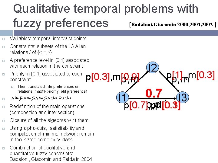 Qualitative temporal problems with [Badaloni, Giacomin 2000, 2001, 2002 ] fuzzy preferences Variables: temporal