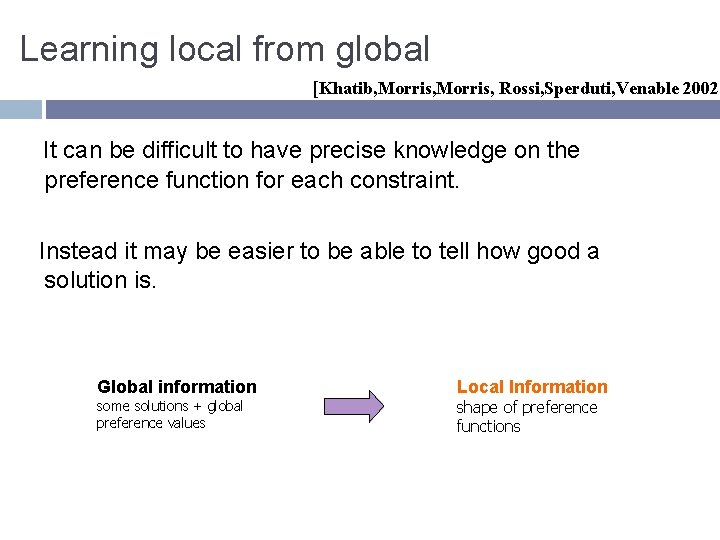 Learning local from global [Khatib, Morris, Rossi, Sperduti, Venable 2002 It can be difficult