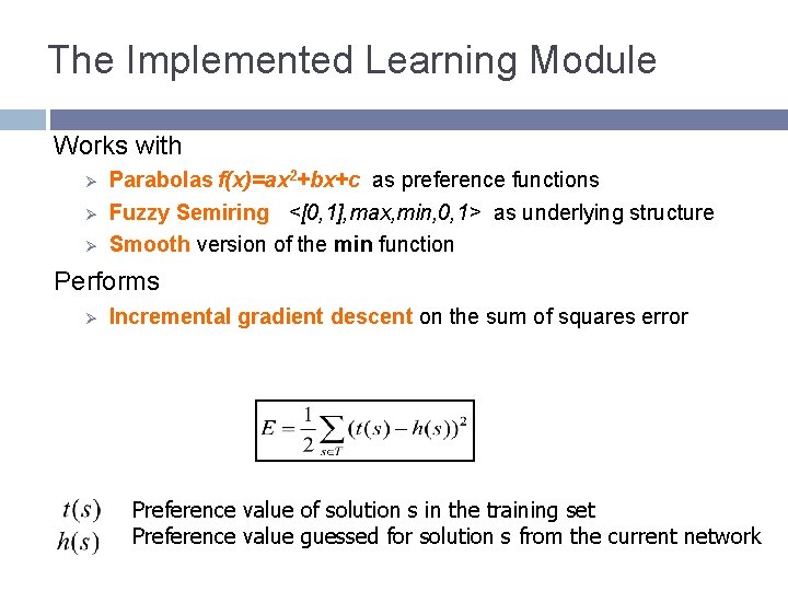 The Implemented Learning Module Works with Ø Ø Ø Parabolas f(x)=ax 2+bx+c as preference