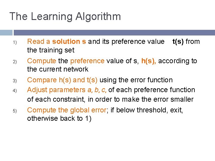 The Learning Algorithm 1) 2) 3) 4) 5) Read a solution s and its