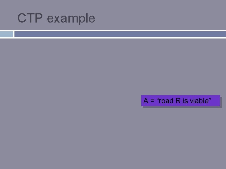 CTP example A = “road R is viable” 