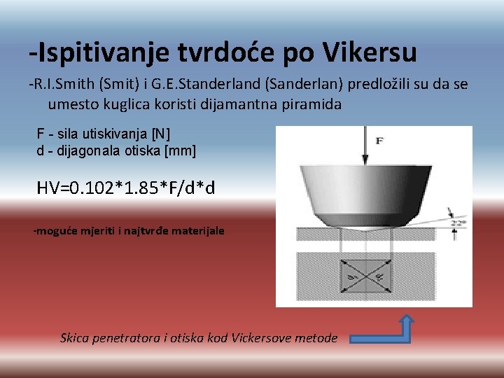 -Ispitivanje tvrdoće po Vikersu -R. I. Smith (Smit) i G. E. Standerland (Sanderlan) predložili