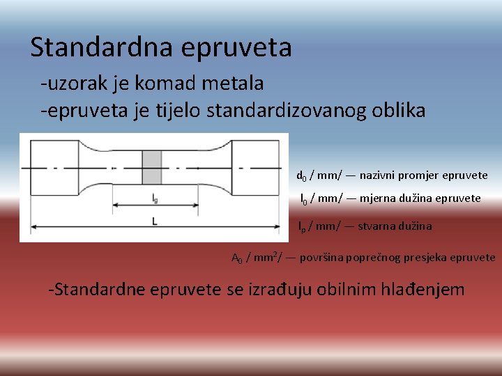 Standardna epruveta -uzorak je komad metala -epruveta je tijelo standardizovanog oblika d 0 /