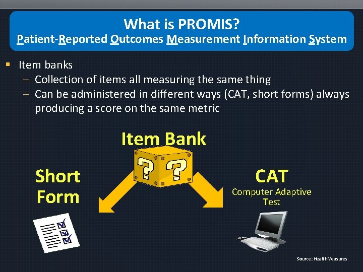 What is PROMIS? Patient-Reported Outcomes Measurement Information System § Item banks – Collection of