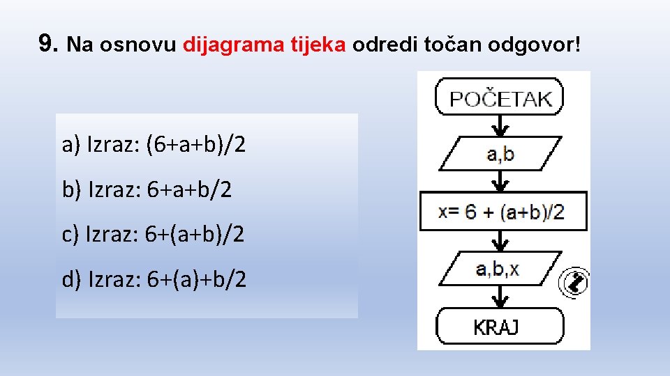 9. Na osnovu dijagrama tijeka odredi točan odgovor! a) Izraz: (6+a+b)/2 b) Izraz: 6+a+b/2