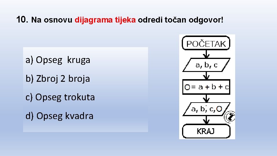 10. Na osnovu dijagrama tijeka odredi točan odgovor! a) Opseg kruga b) Zbroj 2