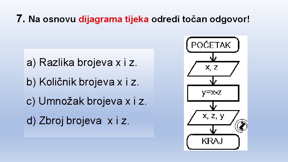 7. Na osnovu dijagrama tijeka odredi točan odgovor! a) Razlika brojeva x i z.