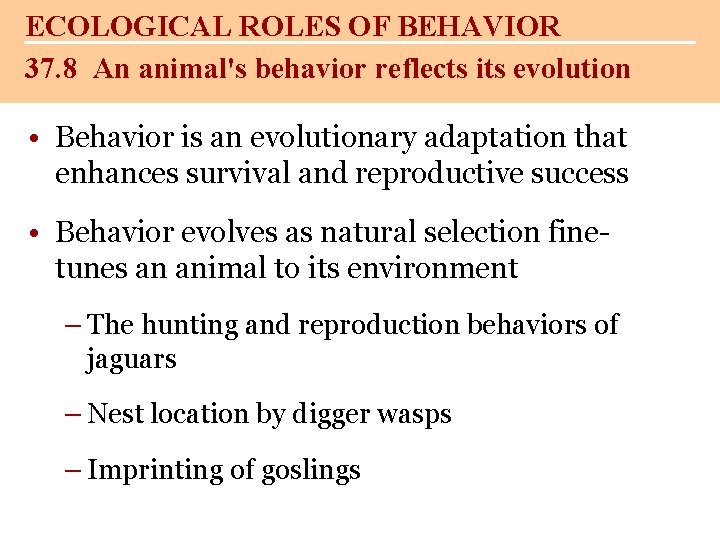 ECOLOGICAL ROLES OF BEHAVIOR 37. 8 An animal's behavior reflects its evolution • Behavior