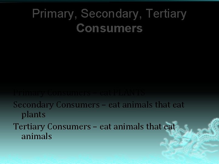 Primary, Secondary, Tertiary Consumers Primary = 1 Secondary = 2 Tertiary = 3 Primary