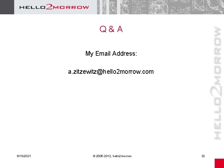 Q&A My Email Address: a. zitzewitz@hello 2 morrow. com 6/13/2021 © 2005 -2012, hello