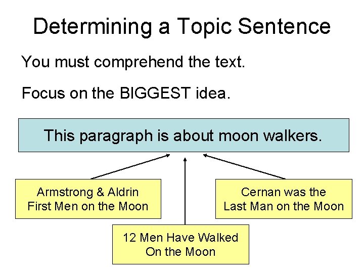 Determining a Topic Sentence You must comprehend the text. Focus on the BIGGEST idea.