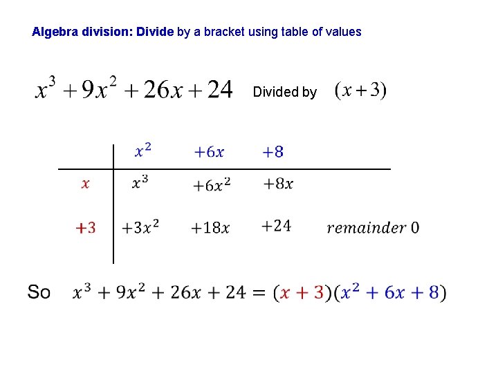 Algebra division: Divide by a bracket using table of values Divided by 