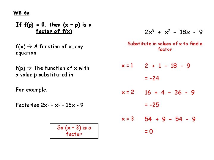 WB 6 a If f(p) = 0, then (x – p) is a factor