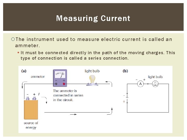 Measuring Current The instrument used to measure electric current is called an ammeter. §