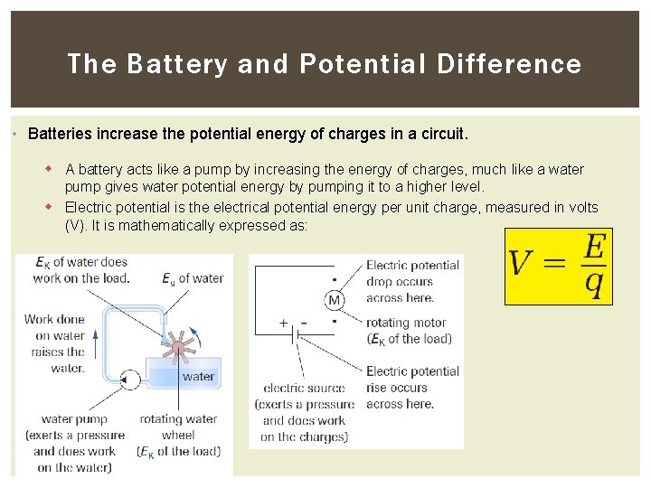 The Battery and Potential Difference • Batteries increase the potential energy of charges in