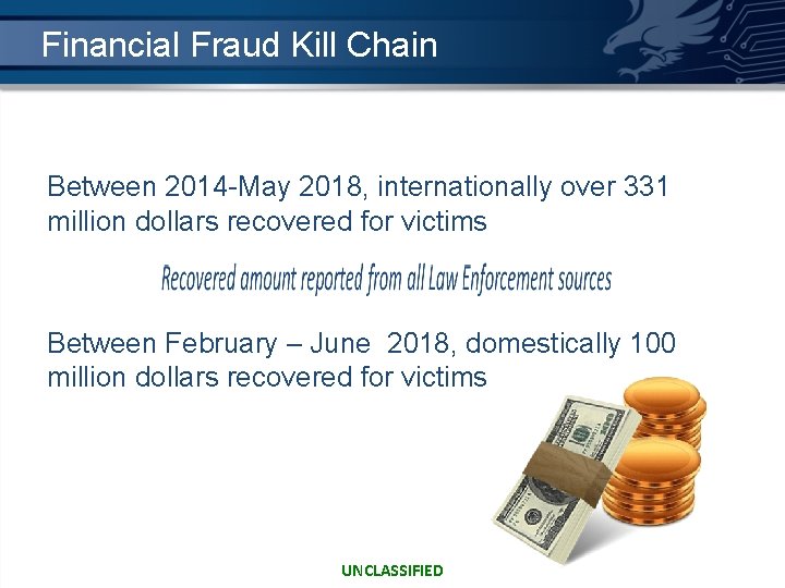 Financial Fraud Kill Chain Between 2014 -May 2018, internationally over 331 million dollars recovered