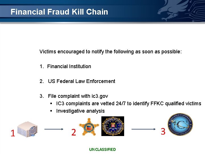 Financial Fraud Kill Chain Victims encouraged to notify the following as soon as possible: