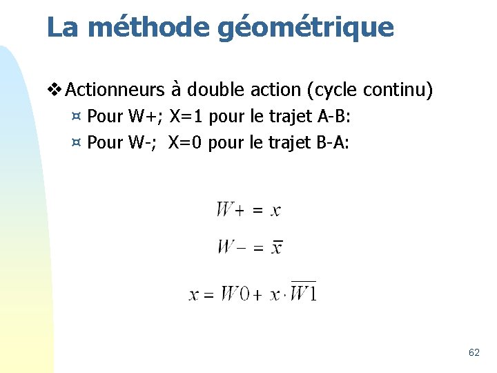 La méthode géométrique v Actionneurs à double action (cycle continu) ¤ Pour W+; X=1