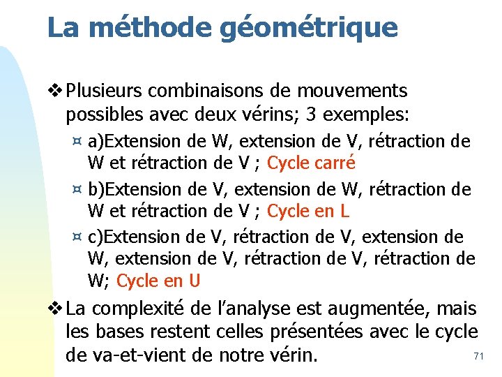 La méthode géométrique v Plusieurs combinaisons de mouvements possibles avec deux vérins; 3 exemples: