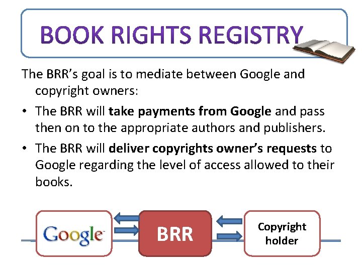 The BRR’s goal is to mediate between Google and copyright owners: • The BRR