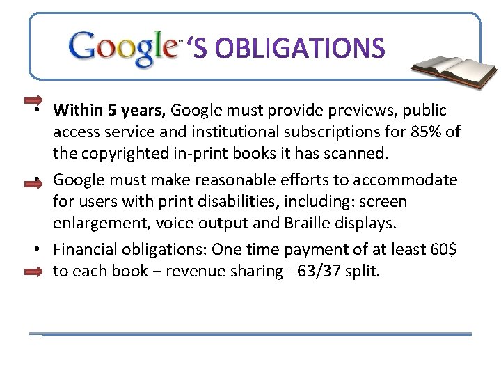  • Within 5 years, Google must provide previews, public access service and institutional