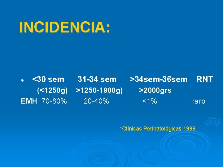 INCIDENCIA: l <30 sem (<1250 g) EMH 70 -80% 31 -34 sem >34 sem-36