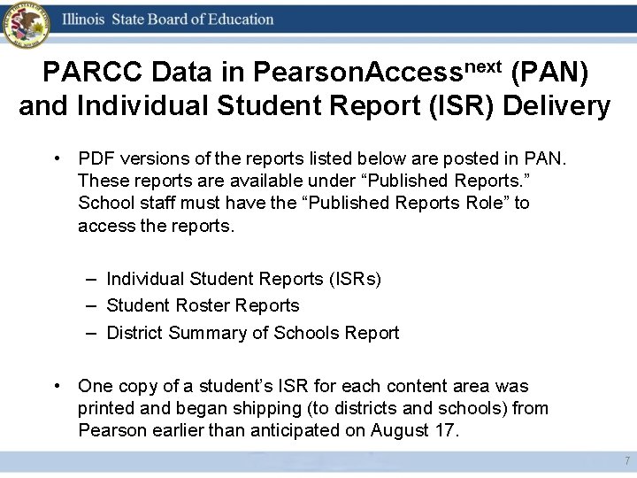PARCC Data in Pearson. Accessnext (PAN) and Individual Student Report (ISR) Delivery • PDF
