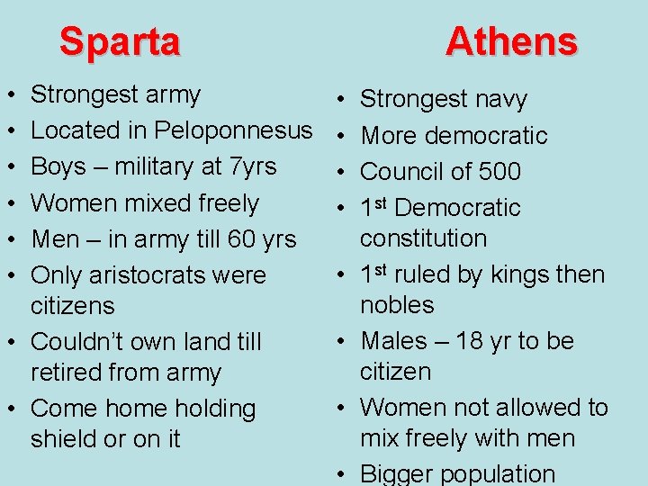 Sparta • • • Strongest army Located in Peloponnesus Boys – military at 7