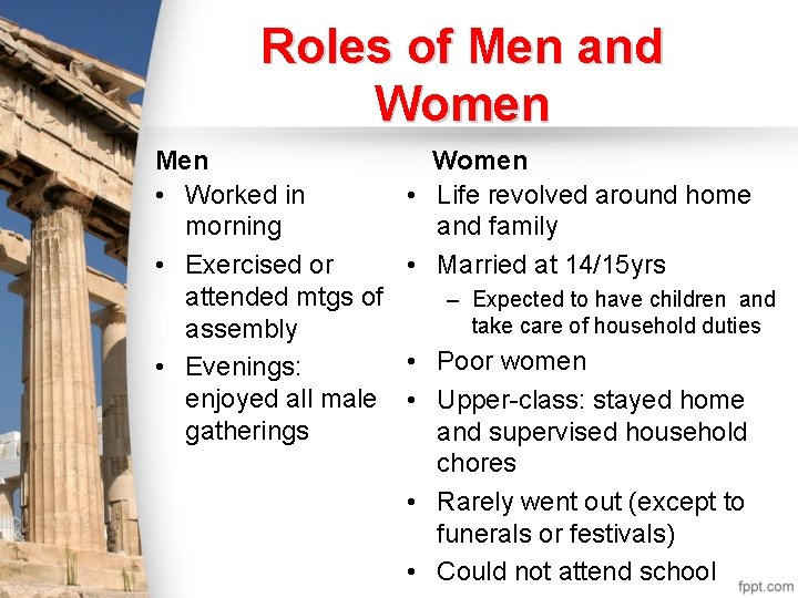 Roles of Men and Women Men • Worked in morning • Exercised or attended