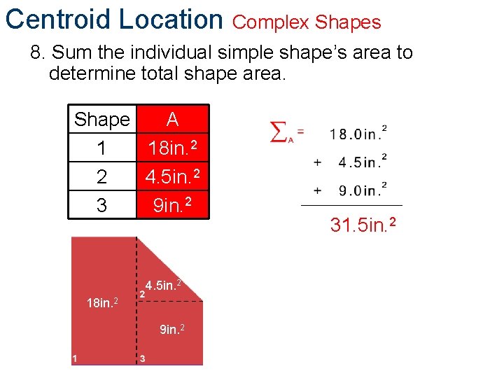 Centroid Location Complex Shapes 8. Sum the individual simple shape’s area to determine total