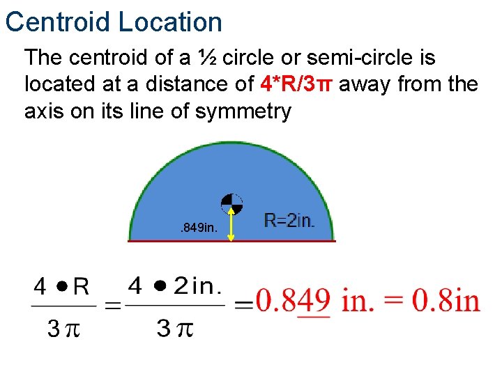 Centroid Location The centroid of a ½ circle or semi-circle is located at a