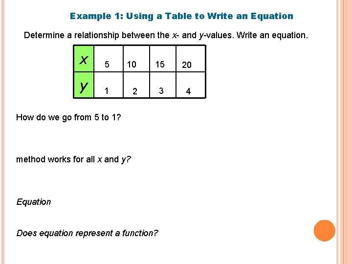 Example 1: Using a Table to Write an Equation Determine a relationship between the Example 1: Using a Table to Write an Equation Determine a relationship between the