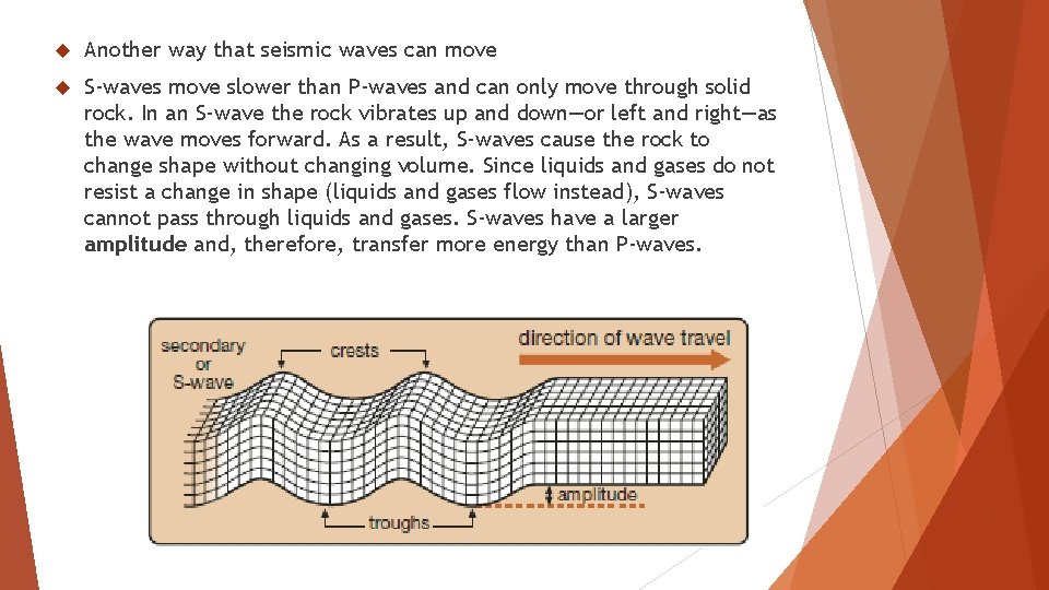  Another way that seismic waves can move S-waves move slower than P-waves and