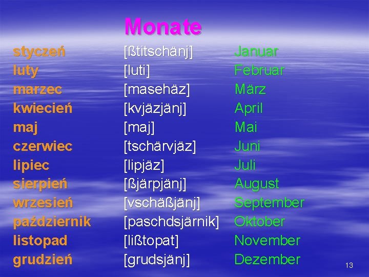 Monate styczeń luty marzec kwiecień maj czerwiec lipiec sierpień wrzesień październik listopad grudzień [ßtitschänj]